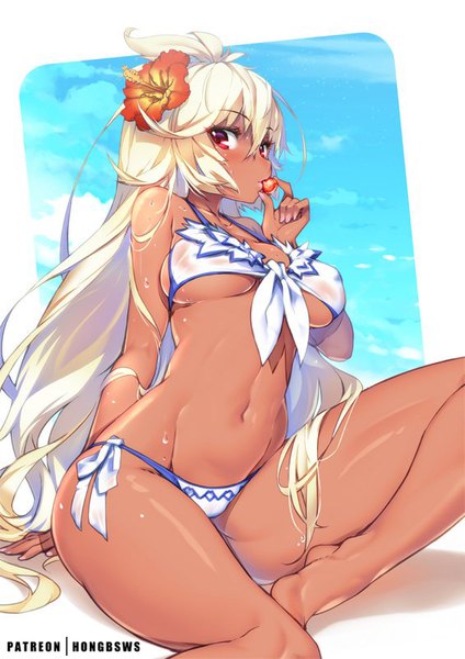 Anime picture 566x800 with granblue fantasy the order grande hong (white spider) single long hair tall image looking at viewer blush fringe breasts light erotic simple background hair between eyes red eyes large breasts sitting holding sky cloud (clouds) ahoge