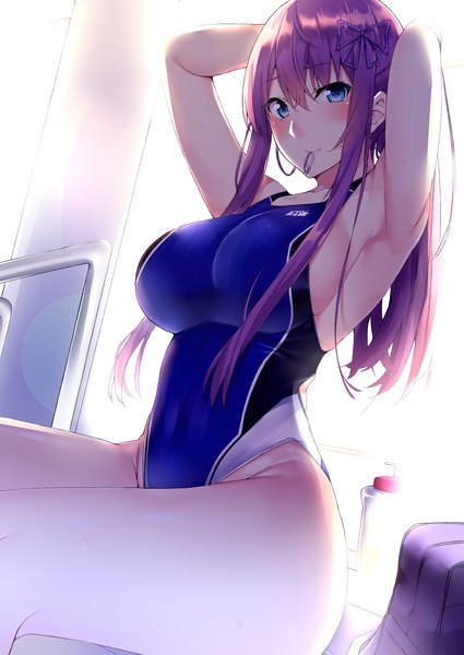 Anime picture 4299x6070 with original kaerunoashi single long hair tall image looking at viewer blush fringe highres breasts blue eyes light erotic smile hair between eyes large breasts sitting holding payot absurdres purple hair