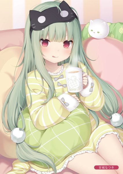 Anime picture 1433x2024 with melonbooks nachi single long hair tall image looking at viewer blush fringe red eyes sitting holding signed payot ahoge indoors blunt bangs long sleeves green hair scan sleeves past wrists