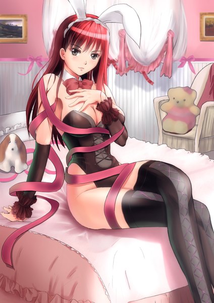 Anime picture 2480x3508 with original soyokaze single long hair tall image looking at viewer blush highres light erotic sitting bare shoulders animal ears red hair black eyes bunny ears crossed legs hand on chest bunny girl girl thighhighs