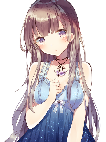 Anime picture 1756x2336 with original shiino sera (gelatin) single long hair tall image blush fringe highres simple background brown hair white background purple eyes bare shoulders cleavage sleeveless starry sky print girl dress necklace blue dress