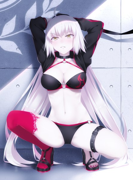 Anime picture 1485x2000 with fate (series) fate/grand order jeanne d'arc (fate) (all) jeanne d'arc alter (fate) jeanne d'arc alter (swimsuit berserker) (fate) nestea single tall image looking at viewer blush fringe breasts light erotic hair between eyes large breasts yellow eyes payot cleavage full body ahoge