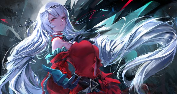 Anime picture 4200x2247 with arknights skadi (arknights) skadi the corrupting heart (arknights) sishima single looking at viewer fringe highres breasts red eyes wide image standing absurdres silver hair very long hair wide sleeves from below floating hair outstretched arm official alternate costume