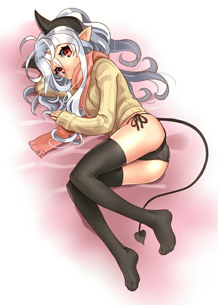 Anime picture 572x800 with original katahira masashi single long hair tall image looking at viewer light erotic smile red eyes ahoge ass tail lying horn (horns) pointy ears grey hair no shoes on side demon girl demon tail