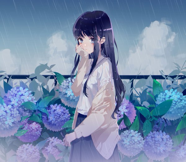 Anime picture 2837x2480 with original zhibuji loom single long hair looking at viewer highres blue eyes black hair sky cloud (clouds) off shoulder rain summer hand on cheek eyewear removed girl uniform flower (flowers) glasses serafuku