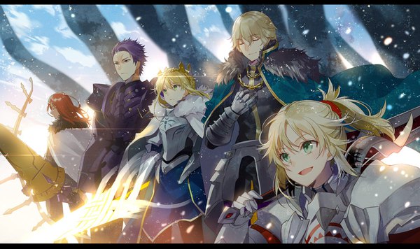 Anime picture 1000x594 with fate (series) fate/grand order fate/apocrypha artoria pendragon (all) mordred (fate) artoria pendragon (lancer) gawain (fate) lancelot (fate/grand order) tristan (fate) yuzuki kihiro long hair blush fringe short hair open mouth blonde hair smile hair between eyes wide image standing