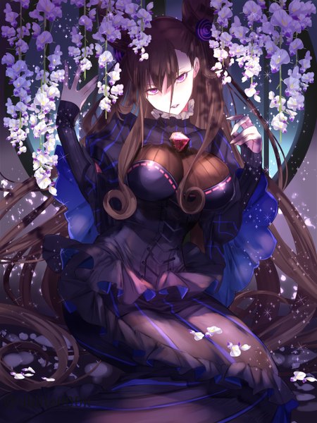 Anime picture 2000x2667 with fate (series) fate/grand order murasaki shikibu (fate) yuuki kira single tall image looking at viewer fringe highres breasts light erotic hair between eyes brown hair large breasts sitting purple eyes very long hair parted lips head tilt hair bun (hair buns)