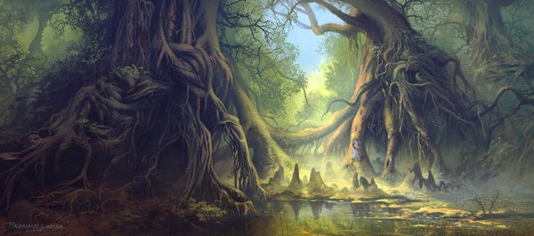 Anime picture 2000x886 with original ferdinand ladera highres wide image signed sky reflection no people landscape plant (plants) tree (trees) grass forest roots swamp