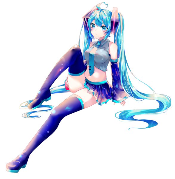 Anime picture 4007x4096 with vocaloid hatsune miku hoshino kisora single tall image looking at viewer blush fringe highres breasts open mouth blue eyes light erotic simple background hair between eyes large breasts white background sitting twintails bare shoulders
