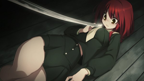 Anime picture 1024x576 with full metal daemon muramasa nitroplus kurusuno konatsu short hair wide image brown eyes red hair lying girl uniform weapon school uniform sword necktie katana