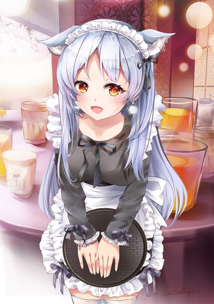 Anime picture 1056x1500 with original mutang single long hair tall image looking at viewer blush fringe breasts open mouth red eyes standing holding signed animal ears silver hair indoors :d cat ears maid