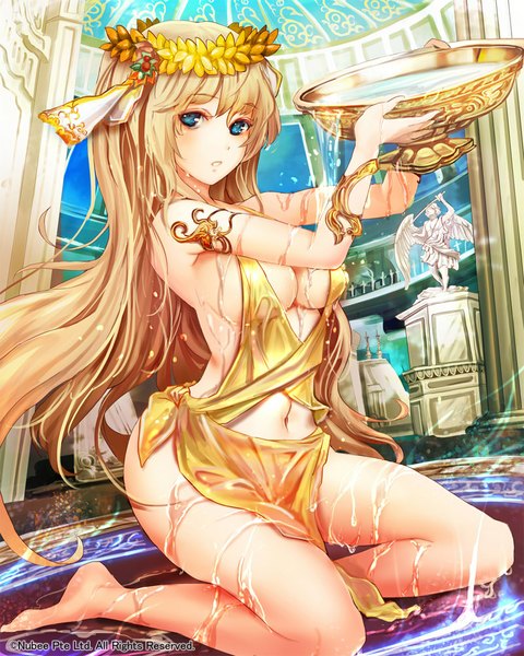 Anime picture 800x1000 with original suoni (deeperocean) single long hair tall image breasts open mouth blue eyes light erotic blonde hair bare shoulders barefoot wet magic girl navel water wreath magic circle statue