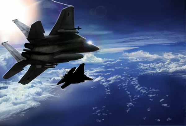 Anime picture 1280x865 with original amisu sky cloud (clouds) flying landscape weapon sea sun airplane jet f-15