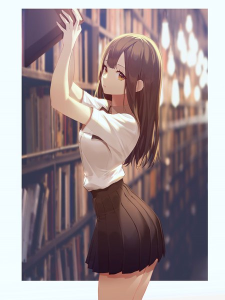 Anime picture 740x987 with original peulopi single long hair tall image looking at viewer fringe brown hair standing brown eyes indoors blunt bangs parted lips pleated skirt depth of field border girl skirt uniform school uniform