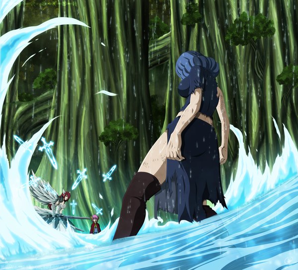 Anime picture 1950x1773 with fairy tail erza scarlet juvia lockser meredy (fairy tail) naruto999-by-roker long hair fringe highres short hair blue hair pink hair red hair hair over one eye coloring torn clothes magic drill hair girl weapon plant (plants)
