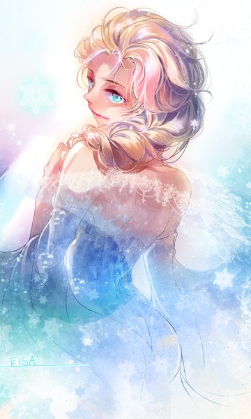 Anime picture 560x933 with frozen (disney) disney elsa (frozen) salvia single long hair tall image blonde hair looking away braid (braids) aqua eyes lips character names bare back starry sky print snowflake print girl dress hair ornament snowflake (snowflakes)