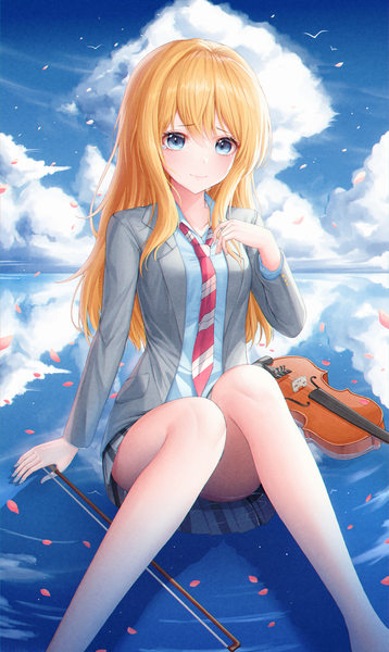 Anime picture 2027x3394 with shigatsu wa kimi no uso a-1 pictures miyazono kaori yjs0803123 single long hair tall image looking at viewer blush fringe highres blue eyes blonde hair smile hair between eyes sitting holding payot sky cloud (clouds)