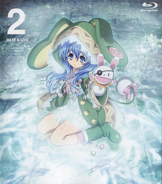 Anime picture 1514x1728 with date a live yoshino (date a live) yoshinon tagme (artist) single long hair tall image looking at viewer blue eyes sitting animal ears blue hair scan inscription official art bunny ears wariza glow cover album cover