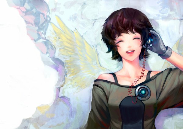 Anime picture 900x637 with original asuka111 single fringe short hair open mouth smile brown hair eyes closed eyeshadow white wings laughing hand on headphones girl gloves wings headphones wire (wires)