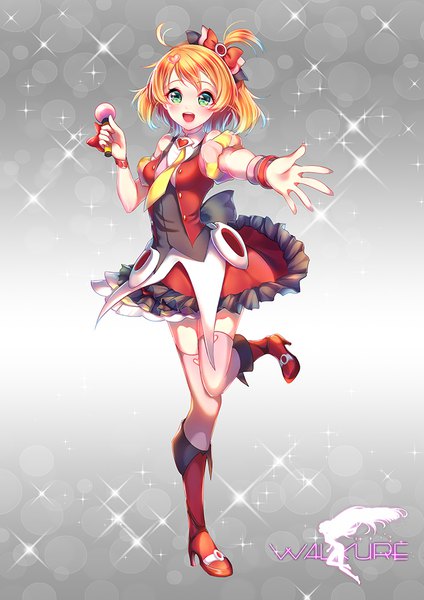 Anime picture 700x990 with macross macross delta freyja wion p@nda single tall image looking at viewer blush short hair open mouth standing green eyes full body ahoge orange hair sparkle one side up standing on one leg outstretched hand girl