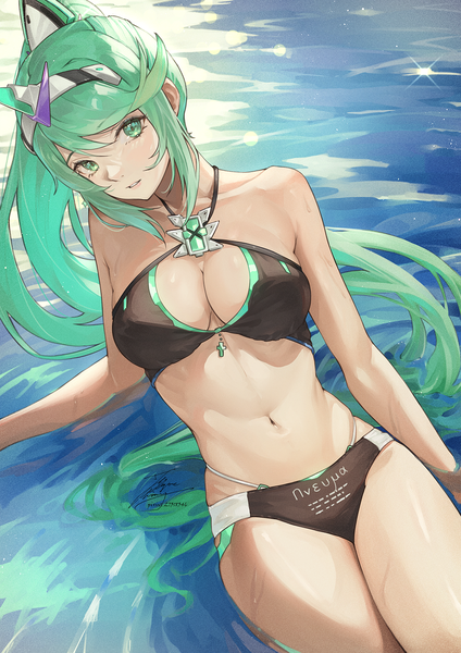 Anime picture 1061x1500 with xenoblade xenoblade 2 pneuma (xenoblade) fadingz single long hair tall image looking at viewer fringe breasts light erotic hair between eyes large breasts signed payot cleavage ponytail parted lips head tilt aqua eyes
