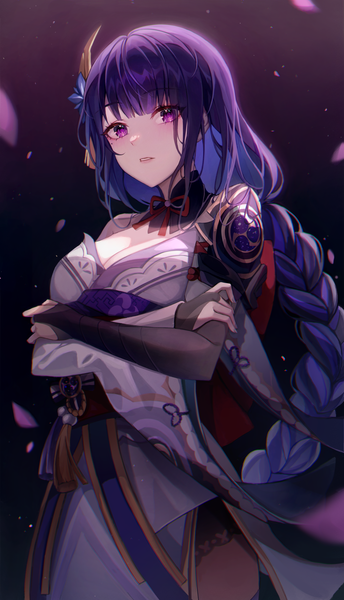 Anime picture 2204x3847 with genshin impact raiden shogun eunyoo single long hair tall image looking at viewer fringe highres breasts simple background large breasts standing purple eyes payot cleavage purple hair braid (braids) nail polish traditional clothes