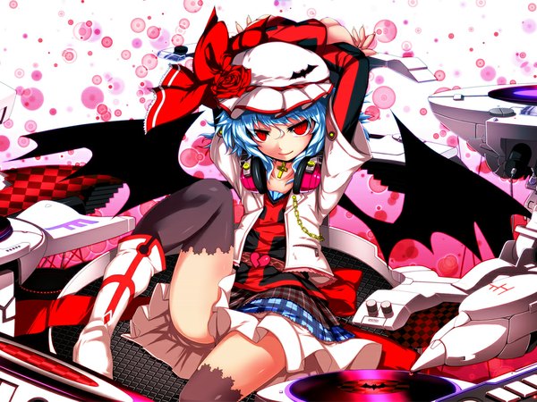Anime picture 1024x768 with touhou remilia scarlet kazetto (kazetsuto) short hair red eyes blue hair arms up girl thighhighs dress skirt flower (flowers) black thighhighs miniskirt wings boots headphones cross bonnet