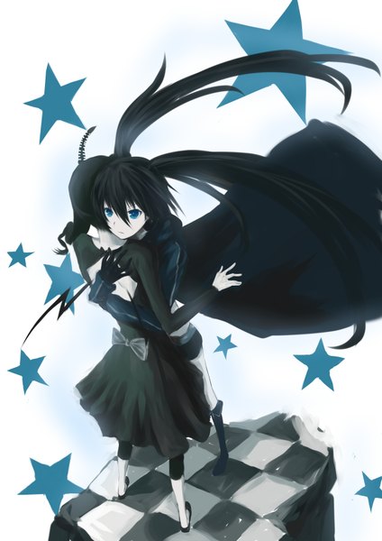 Anime picture 2480x3507 with black rock shooter black rock shooter (character) dead master xiamianliele (artist) long hair tall image highres blue eyes black hair twintails multiple girls absurdres horn (horns) hug checkered floor girl dress gloves bow 2 girls