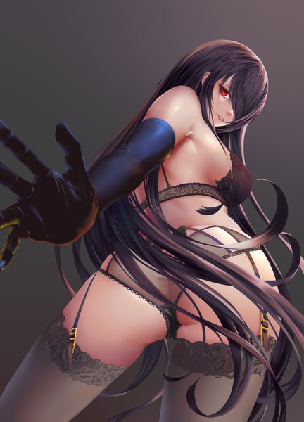 Anime picture 1701x2362 with date a live tokisaki kurumi yuzuriha (pixiv 14248010) single tall image looking at viewer fringe highres breasts light erotic black hair simple background red eyes standing payot ass very long hair parted lips looking back from behind