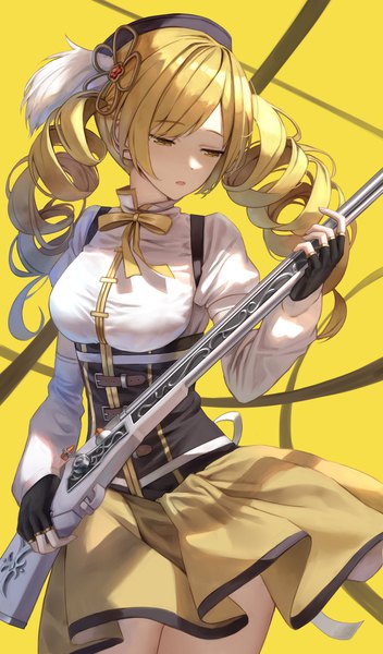 Anime picture 1200x2046 with mahou shoujo madoka magica shaft (studio) tomoe mami superpig (wlstjqdla) single long hair tall image fringe breasts open mouth simple background blonde hair standing twintails holding yellow eyes looking away long sleeves puffy sleeves drill hair