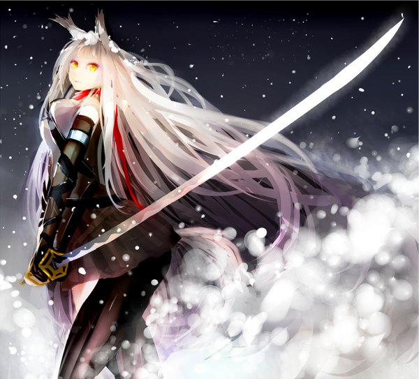 Anime picture 1450x1313 with original ted (taiwan) single long hair fringe breasts large breasts standing bare shoulders holding animal ears yellow eyes looking away white hair pleated skirt cat ears snowing winter snow girl