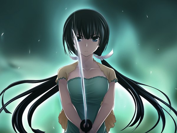 Anime picture 1200x900 with maji de watashi ni koi shinasai! mayuzumi yukie long hair blue eyes black hair game cg girl sword
