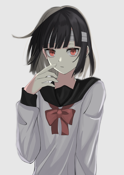 Anime picture 1042x1474 with sachi-iro no one room sachi (sachi-iro no one room) noem00 single tall image looking at viewer fringe short hair black hair simple background red eyes white background upper body blunt bangs long sleeves arm up girl uniform serafuku bowtie