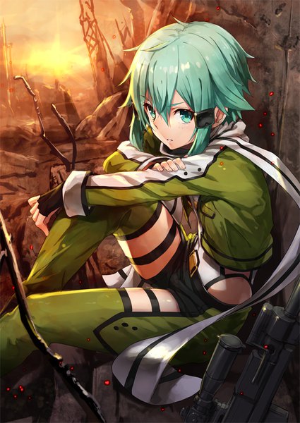 Anime picture 637x900 with sword art online a-1 pictures asada shino gabiran single tall image looking at viewer blush fringe short hair hair between eyes sitting payot cloud (clouds) ahoge bent knee (knees) parted lips aqua eyes aqua hair teeth