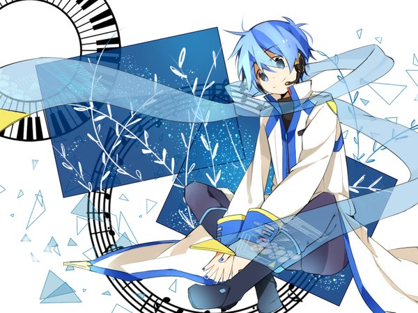 Anime picture 1600x1200 with vocaloid kaito (vocaloid) kaito (vocaloid3) fuuko (2679566944) single short hair blue eyes smile white background sitting blue hair looking away nail polish boy scarf