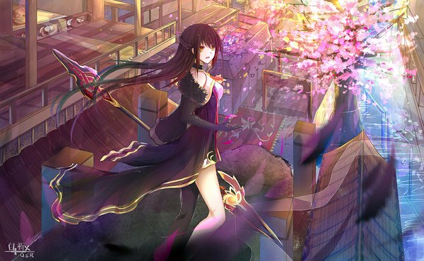 Anime picture 1000x618 with elsword ara haan yama raja (elsword) bai qi-qsr single long hair fringe smile brown hair wide image bare shoulders signed yellow eyes looking away bent knee (knees) braid (braids) from above bare legs cherry blossoms girl
