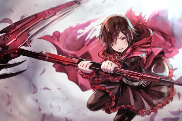 Anime picture 1500x1000 with rwby rooster teeth ruby rose brat single short hair brown hair looking away bent knee (knees) parted lips silver eyes girl dress weapon petals pantyhose black pantyhose hood cape scythe