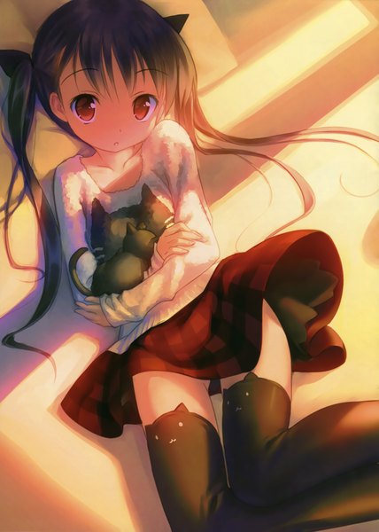 Anime picture 2353x3300 with original takoyaki (roast) long hair tall image looking at viewer fringe highres open mouth light erotic black hair red eyes twintails bent knee (knees) indoors lying shadow on back plaid skirt skirt lift :3