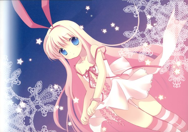 Anime picture 4287x3025 with saki amae koromo tokumi yuiko highres blue eyes light erotic blonde hair pink hair absurdres bunny ears lolicon ribbon (ribbons) star (symbol) sundress