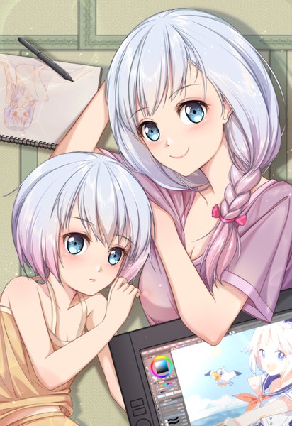 Anime picture 2360x3435 with eromanga sensei a-1 pictures izumi sagiri izumi sagiri's mother han xiao xue beifang xue ji long hair tall image looking at viewer fringe highres short hair breasts smile hair between eyes large breasts bare shoulders multiple girls pink hair cleavage silver hair