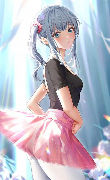 Anime picture 1050x1710 with original connie (keean2019) single long hair tall image looking at viewer blush fringe breasts blue eyes standing twintails payot blue hair blunt bangs short sleeves turning head side ponytail sweatdrop girl