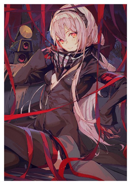 Anime picture 744x1052 with girls frontline m4 sopmod ii (girls frontline) dinergate (girls frontline) ro635 (dinergate) hxxg single long hair tall image looking at viewer blush fringe breasts light erotic smile hair between eyes red eyes sitting pink hair long sleeves pleated skirt