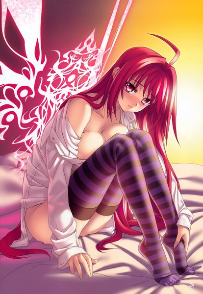 Anime picture 4811x6973 with shinkyoku soukai polyphonica corticarte apa lagranges kannatsuki noboru single long hair tall image blush highres breasts light erotic red eyes absurdres ahoge red hair scan official art girl thighhighs shirt striped thighhighs