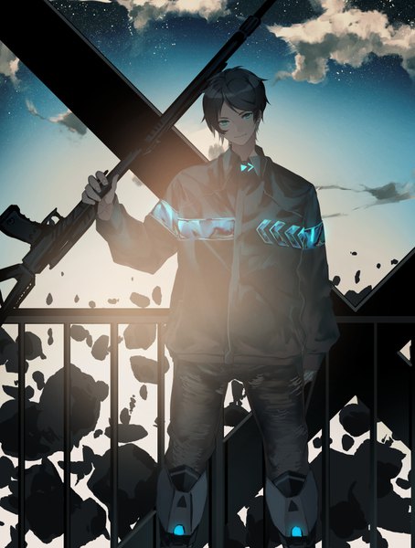 Anime picture 5836x7706 with original yukishima bema single tall image looking at viewer fringe highres short hair blue eyes black hair smile standing holding absurdres sky cloud (clouds) outdoors head tilt smirk mechanical parts