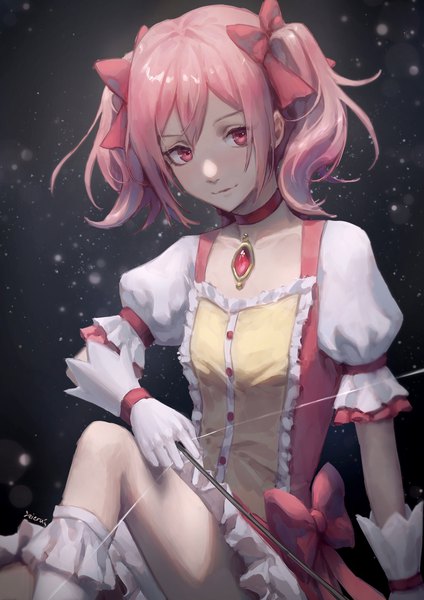 Anime picture 2480x3508 with mahou shoujo madoka magica shaft (studio) kaname madoka zieru single tall image looking at viewer highres short hair sitting twintails pink hair pink eyes light smile puffy sleeves short twintails magical girl girl gloves bow
