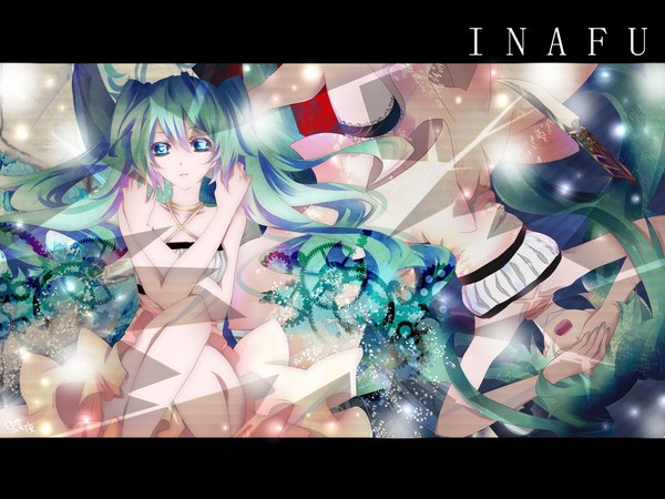 Anime picture 1600x1200 with vocaloid hatsune miku tyouya single long hair looking at viewer open mouth twintails nail polish aqua eyes aqua hair inscription crossed arms hands on face girl dress gears