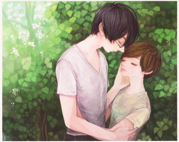 Anime picture 1022x813 with original atori (pixiv369356) short hair black hair brown hair eyes closed profile couple hug face to face girl boy plant (plants) tree (trees) glasses