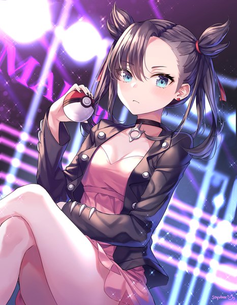 Anime picture 1300x1673 with pokemon pokemon (game) pokemon swsh nintendo marnie (pokemon) soyubee single long hair tall image looking at viewer blush fringe breasts blue eyes black hair hair between eyes sitting twintails signed cleavage