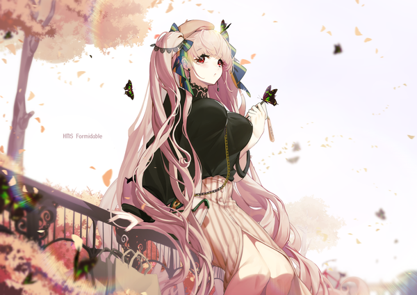 Anime picture 7016x4961 with azur lane formidable (azur lane) yamijam single looking at viewer blush fringe highres breasts red eyes large breasts sitting twintails pink hair absurdres outdoors blunt bangs very long hair nail polish alternate costume