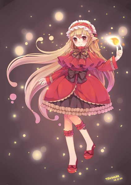 Anime picture 2480x3507 with tsubasa tsubasa single long hair tall image looking at viewer fringe highres blonde hair smile hair between eyes standing brown eyes signed full body long sleeves pointy ears sparkle dated standing on one leg brown background